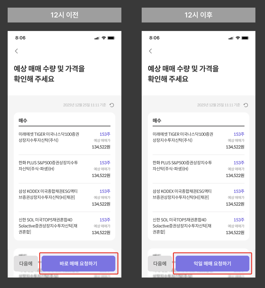12시 이전·이후 주문지 승인 화면 비교